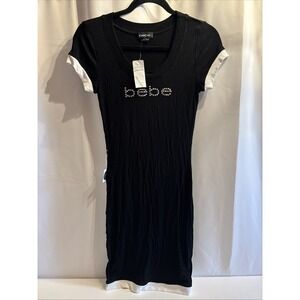Bebe Women's Black Ribbed Knit Dress Swarovski Crystal Logo‎ Bodycon Size S